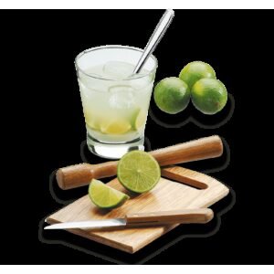 Kit Caipirinha Brinox 5 peças - copo 350ml, pilão e tábua de madeira, colher e faca de aço inox - Linha Lyon - Conjunto para Caipirinha 5 Peças - Lyon - Brinox