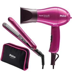 Kit Prancha e Secador Philco Travel Shine Rosa Bivolt