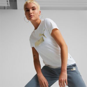 PUMA Camiseta Essentials Plus Metallic Logo Feminina – Cor Branco - Tamanho PP