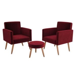 Conjunto Com 2 Poltronas E 1 Puff Dallas Veludo Vermelho