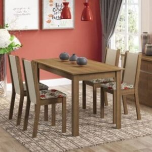 Conjunto Sala De Jantar Madesa Bea Mesa Tampo De Madeira Com 4 Cadeiras Rustic/Crema/Floral Hibiscos Marrom