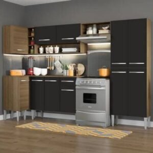 Cozinha Completa De Canto Reto Madesa Emilly Sun Com Armário E Balcão 11 Portas 1 Gaveta Rustic/Preto Marrom