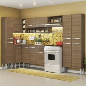 Cozinha Completa De Canto Reto Madesa Emilly Love Com Armário E Balcão 13 Portas 1 Gaveta Rustic Marrom