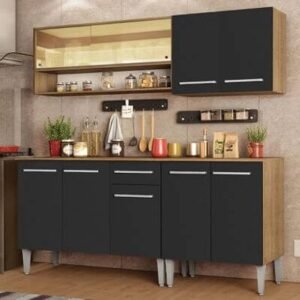 Cozinha Completa Madesa Emilly Dance Com Balcão E Armário Vidro Reflex - Rustic/Preto Marrom
