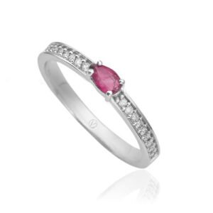 Anel Ouro Branco Diamantes e Rubi