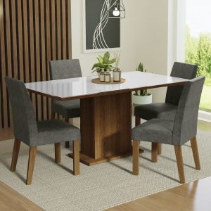 Conjunto Sala De Jantar Mesa Tampo De Vidro 4 Cadeiras Rustic/Branco/Silver Avril Madesa