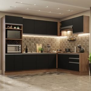 Armário De Cozinha Completa De Canto 479cm Rustic Preto Glamy Madesa 01