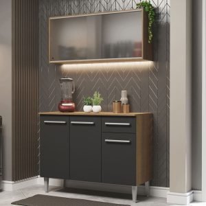 Armário De Cozinha Compacta Emilly 105cm Com Armário E Balcão Rustic/Preto Emilly Madesa 01