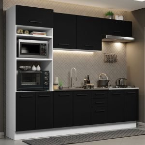 Armário De Cozinha Completa 270cm Branco/Preto Agata Madesa 01