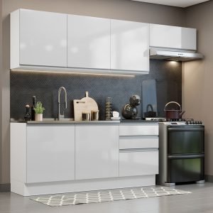 Armário De Cozinha Completa 100% Mdf 260cm Frentes Branco Brilho Acordes Madesa 03