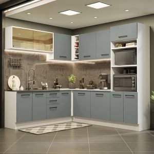 Armário De Cozinha Completa De Canto 459cm Branco Cinza Agata Madesa 01