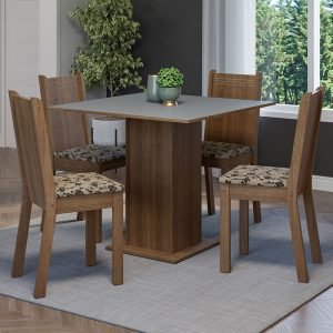 Conjunto Sala De Jantar Mesa Tampo De Madeira 4 Cadeiras Rustic/Cinza/Bege Marrom Samara Madesa