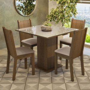Conjunto Sala De Jantar Mesa Tampo De Vidro 4 Cadeiras Rustic/Crema/Sintético Bege Perla Madesa