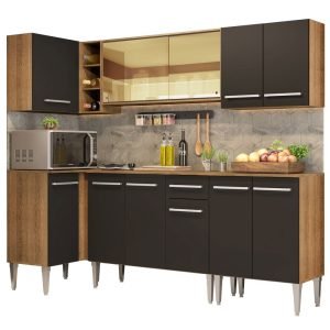 Armário De Cozinha Completa De Canto Madesa Emilly Play Com Balcão E Aéreo Vidro Reflex Rustic/Preto