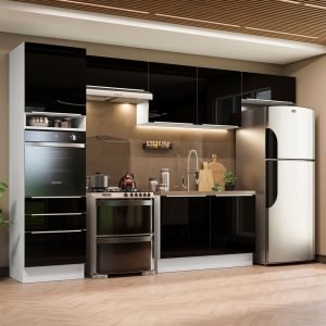 Armário De Cozinha Completa 340cm Branco/Preto Lux Madesa 01