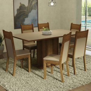 Conjunto Sala De Jantar Mesa Tampo De Madeira 6 Cadeiras Crema/Rustic/Bege Augusta Madesa