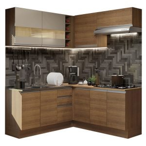 Cozinha Completa De Canto Madesa Glamy 349001 Com Armário E Balcão (Sem Tampo E Pia) Rustic/Rustic/Crema