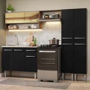 Armário De Cozinha Compacta 229cm Com Pia Rustic/Preto Emilly Madesa 11