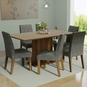 Conjunto Sala De Jantar Mesa Tampo De Madeira 6 Cadeiras Rustic/Crema/Silver Renata Madesa