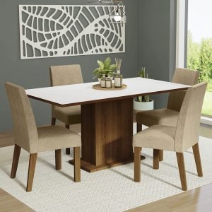 Conjunto Sala De Jantar Mesa Tampo De Madeira 4 Cadeiras Rustic/Branco/Imperial Keila Madesa