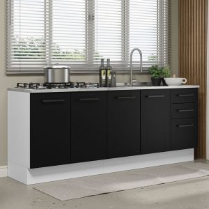 Kit Com 2 Balcões De Cozinha Madesa Agata 3 Gavetas 4 Portas (Sem Tampo E Pia) Branco/Preto