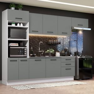 Armário De Cozinha Completa 330cm Branco Cinza Agata Madesa 01