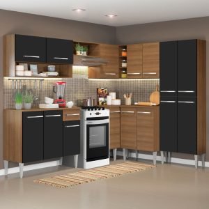 Armário De Cozinha Completa De Canto Madesa Emilly Rock Com Balcão E Adega Rustic/Preto