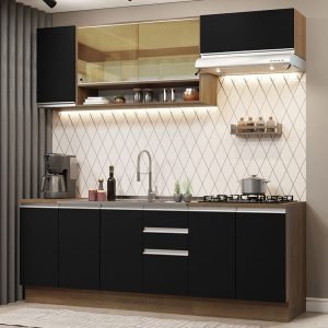 Armário De Cozinha Completa 240cm Rustic Preto Glamy Madesa 03