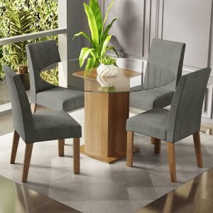 Conjunto Sala De Jantar Mesa Tampo De Vidro Redondo 4 Cadeiras Rustic/Silver Mile Madesa