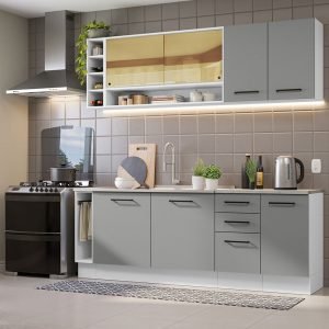 Armário De Cozinha Completa 220cm Branco/Cinza Agata Da Thêmis Madesa