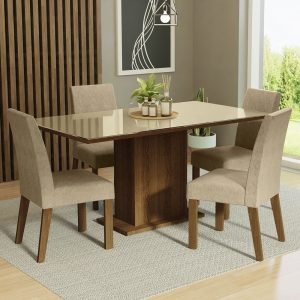 Conjunto Sala De Jantar Mesa Tampo De Vidro 4 Cadeiras Rustic/Crema/Imperial Avril Madesa