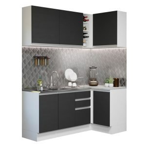 Cozinha Completa De Canto Madesa Glamy 269001 Com Armário E Balcão (Sem Tampo E Pia) Branco/Preto