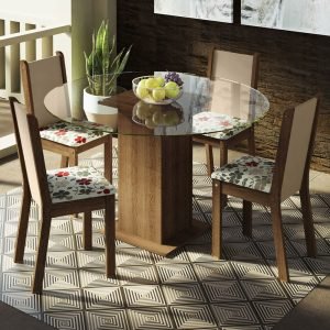 Conjunto Sala De Jantar Madesa Madu Mesa Tampo De Vidro Redondo 4 Cadeiras Rustic/Crema/Hibiscos