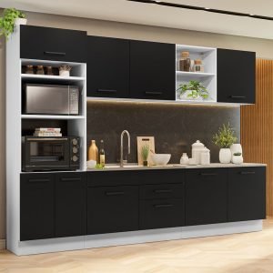 Armário De Cozinha Completa 310cm Branco/Preto Agata Madesa 02