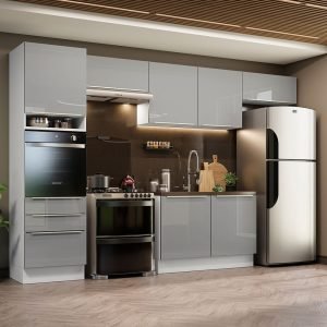 Armário De Cozinha Completa 340cm Branco/Cinza Lux Madesa 01