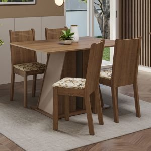 Conjunto Sala De Jantar Mesa Tampo De Madeira 4 Cadeiras Rustic/Crema/Lírio Bege Marilyn Madesa