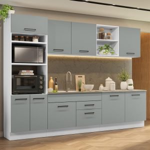 Armário De Cozinha Completa 310cm Branco/Cinza Agata Madesa 02