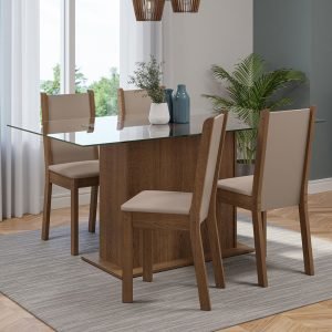 Conjunto Sala De Jantar Mesa Tampo De Vidro 4 Cadeiras Rustic/Crema/Sintético Bege Yara Madesa