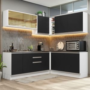 Armário De Cozinha Completa De Canto 100% Mdf 389cm Branco/Preto Acordes Madesa 02