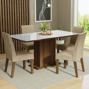 Conjunto Sala De Jantar Mesa Tampo De Vidro 4 Cadeiras Rustic/Branco/Imperial Avril Madesa