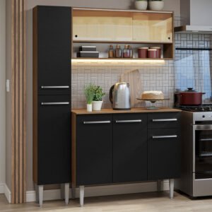 Armário De Cozinha Compacta 137cm Rustic/Preto Emilly Madesa 09 Cor:Rustic/Preto