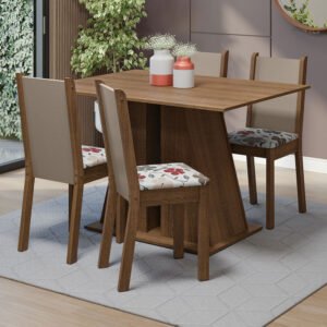 Conjunto Sala De Jantar Mesa Tampo De Madeira 4 Cadeiras Rustic/Hibiscos Sophie Madesa Cor:Rustic/Hibiscos