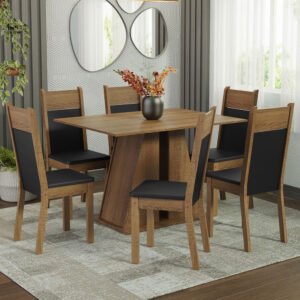 Conjunto Sala De Jantar Mesa Tampo De Madeira 6 Cadeiras Rustic/Preto Beverly Madesa Cor:Rustic/Preto