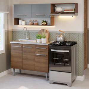Armário De Cozinha Compacta 165cm Com Pia Rustic/Cinza Emilly Madesa 09 Cor:Rustic/Cinza