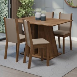 Conjunto Sala De Jantar Mesa Tampo De Madeira 4 Cadeiras Rustic/Bege Sophie Madesa Cor:Rustic/Sintético Bege
