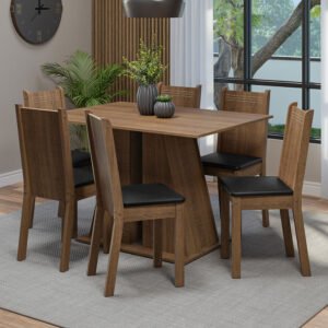 Conjunto Sala De Jantar Mesa Tampo De Madeira 6 Cadeiras Rustic/Preto Sharon Madesa Cor:Rustic/Sintético Preto