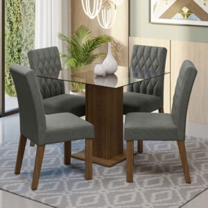 Conjunto Sala De Jantar Mesa Tampo De Vidro 4 Cadeiras Rustic/Silver Noemi Madesa Cor:Rustic/Silver