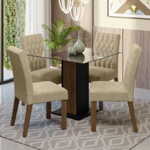 Conjunto Sala De Jantar Mesa Tampo De Vidro 4 Cadeiras Rustic/Preto/Imperial Noemi Madesa Cor:Rustic/Preto/Imperial