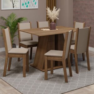 Conjunto Sala De Jantar Mesa Tampo De Madeira 6 Cadeiras Rustic/Bege Wendy Madesa Cor:Rustic/Sintético Bege