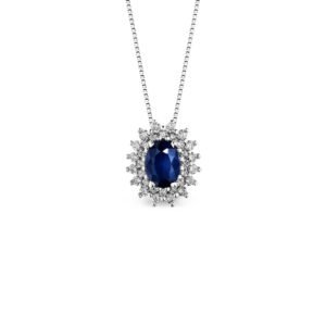 Pingente Clássico em Ouro Branco 18k com Safira Azul e Diamantes